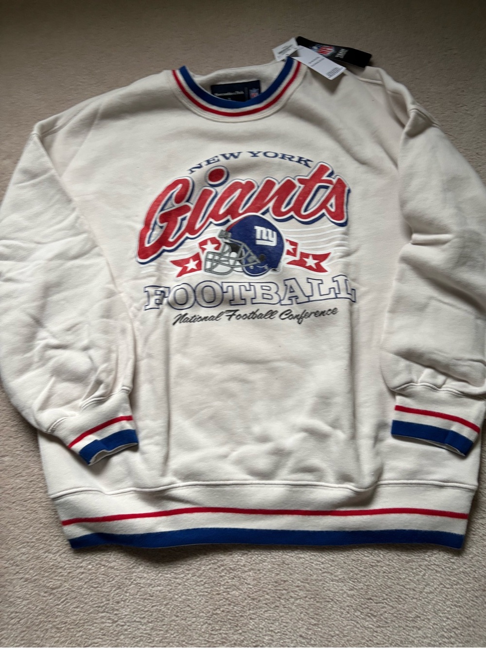 Abercrombie & Fitch Cream Crewneck with Red and Blue Giants graphic
